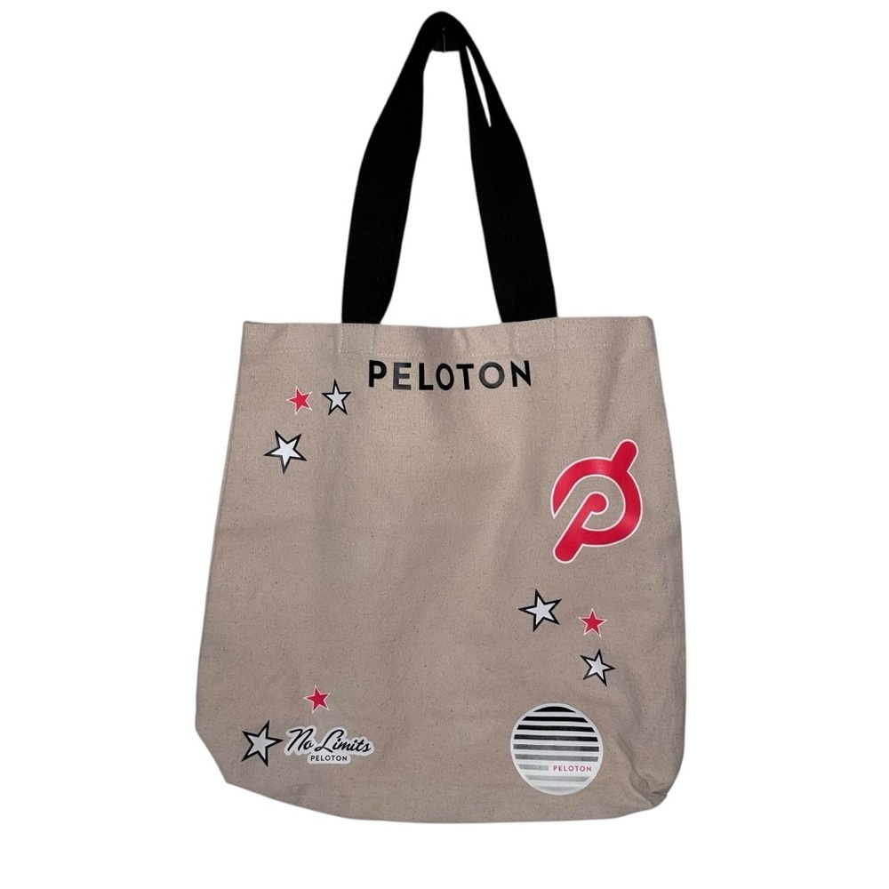 Peloton No Limits Tote Canvas Bag Logo Satchel Spin Star Stripe Black Beige NWOT